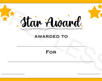 Premio Estrella / Certificado / Logro / Felicitaciones / Bien hecho / Educación / Competencia / Elogio / Reconocimiento / Descarga digital /