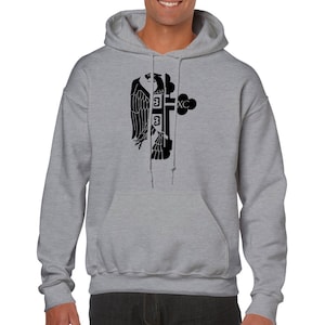 May include: A grey hooded sweatshirt with a black graphic of a stylised eagle and cross with the text "XC" and "3" on it.