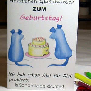 Glückwunsch zum Geburtstag, Torte von Maus porbiert, Klappkarte mit Humor und Witz