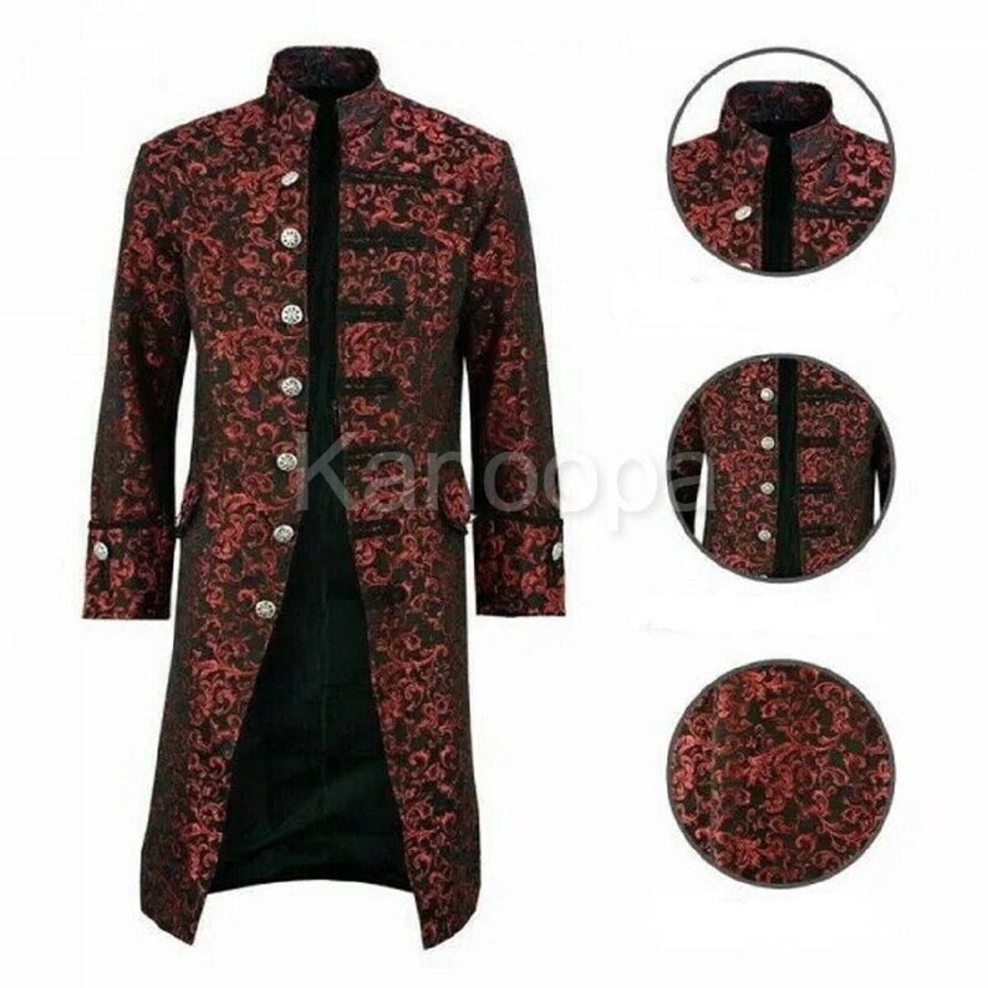 Renaissance Men's Blue Brocade Goth Steampunk Victorian Velvet Frock Coat USA main image 1