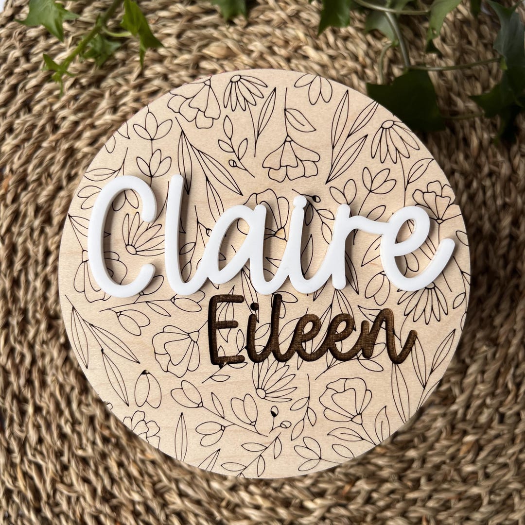 Floral Baby Name Sign, Engraved Wood Birth Announcement - Etsy