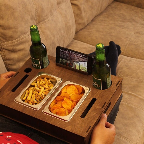Wood Table for Beer & Snacks with Phone Holder, Portable Beer Table, Beer and Drink Organizer, Christmas Gifts
