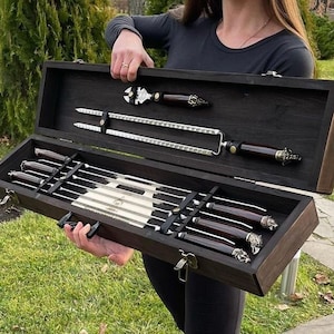 Skewer Set In Mid-Century Style With Wood Handle And Bronze Decor In Wooden Gift Box, Double Skewer For Poultry And Fork For Meat Removal