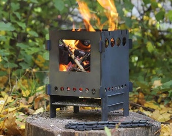 Folding portable stove for camping and bushcraft with grill & case as a gift