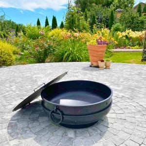 Steel fire pit bowl with grill grate & cover for yard, camping, outdoore, lake house