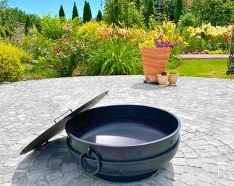 Steel fire pit bowl with grill grate & cover for yard, camping, outdoore, lake house