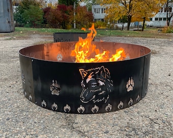 Wolf Heavy Duty Fire Pit Ring, Custom Backyard Fire Ring, Outdoor Metal Fire Pit, Wild Animals Nature Patio Fire, Hot Roll Steel Fire Pit