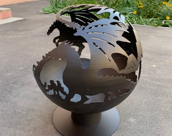 The Dragon Fire Pit Sphere 20", Custom Made Globe Fire Place, Outdoor Plasma Cut Fire Pit, Patio Fire Pits, Mythology Garden Fireball