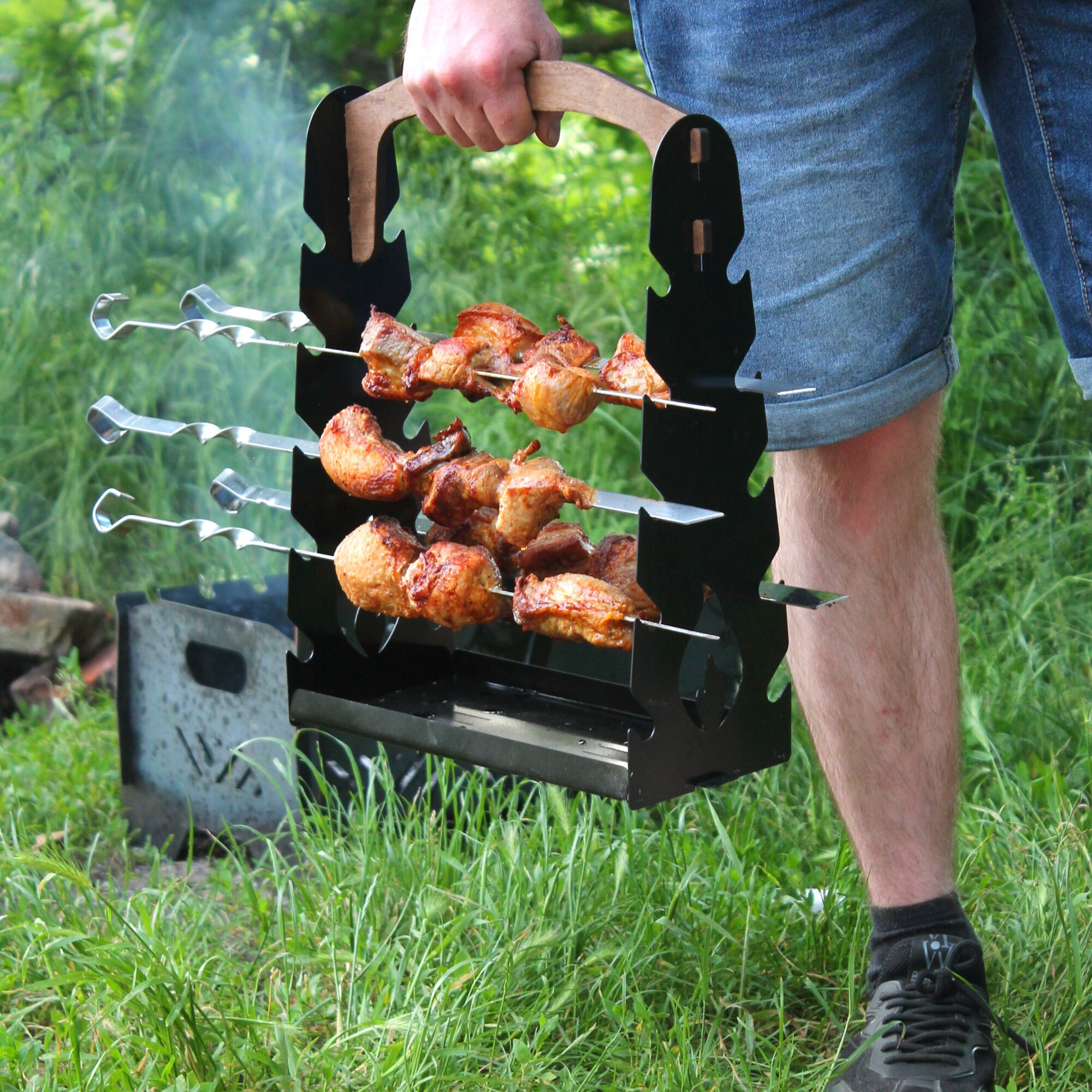 Skewer stand For BBQ Skewers Skewer Carrier With Wood Handle