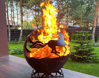 Horses Fire Pit Sphere 20" for outdoor patio with personalization