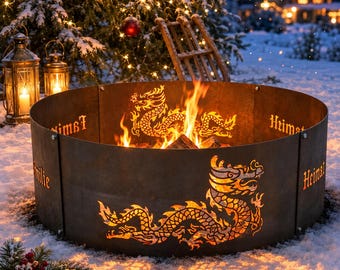 Feuerring mit Drachenmotiv, rustikaler Feuerring im Hüttenstil, ideales Geschenk für Terrasse und Garten