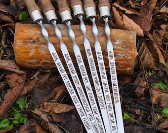 Set Of Stainless Steel Lula Kebab Skewers 11Ga (3 mm) With Wood Handle And Custom Engraving 25 inches long (63 cm)