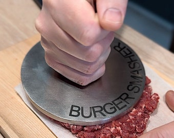 Personalised Stainless Steel Burger Smasher, Burger Press, BBQ Grill Tools, Dad's burgers