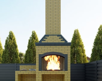 Könnte beinhalten: Ein gemauerter Außenkamin mit einem Feuer, das darin brennt. Der Kamin hat einen Schornstein und eine Kochfläche.