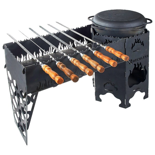 Collapsible Charcoal Grill Complex With Stove For A Cauldron, Fire Pit For Barbecue And Outdoor Cooking, Brazier For BBQ