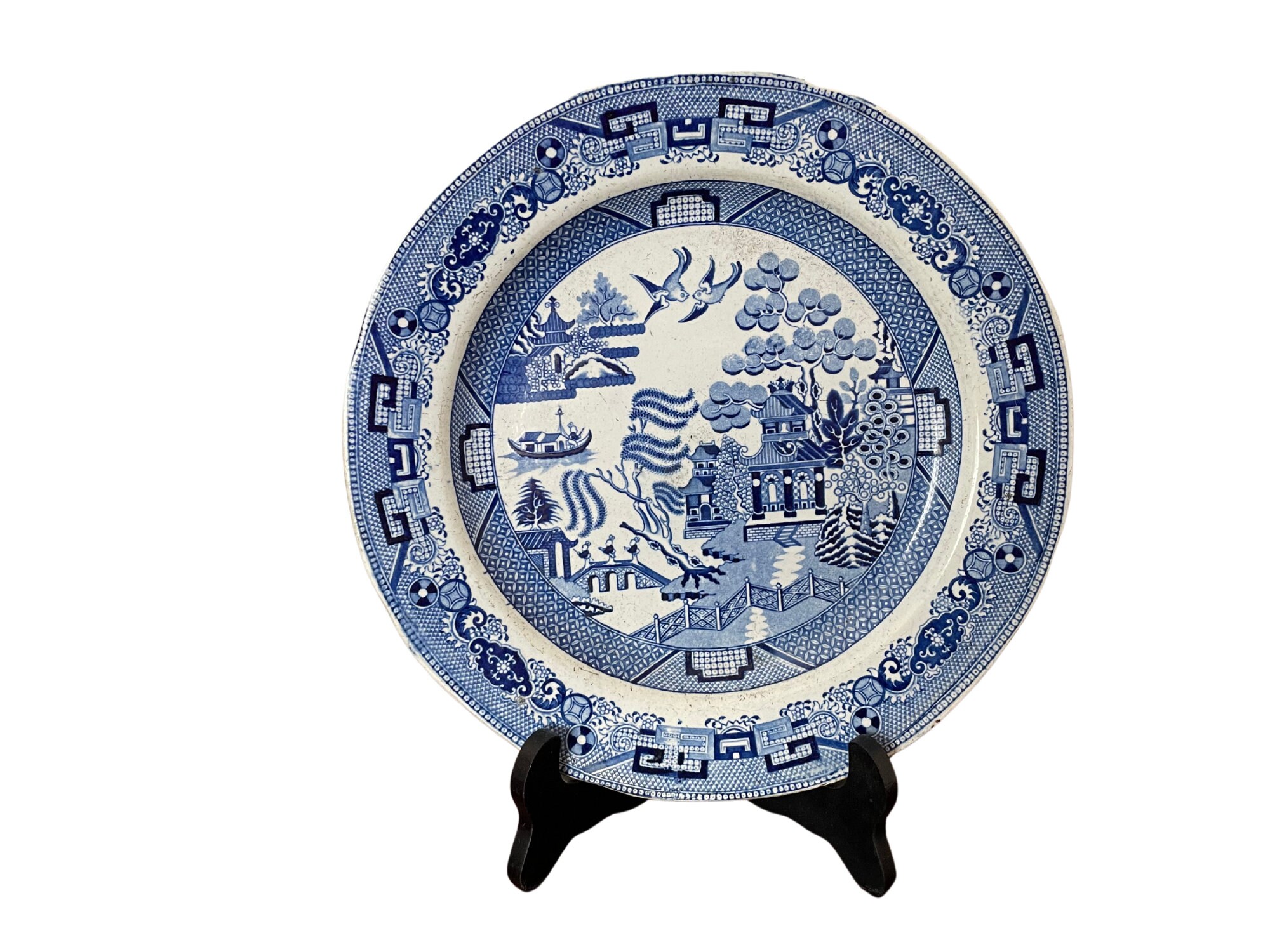 2 antique Blue Willow transferware plates A. Stevenson (1813 - 1830)