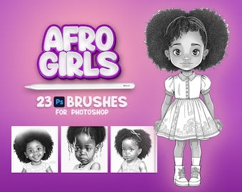 23 Photoshop Afro kleine Mädchen Pinsel, Fresko Afrikanische Mädchen Pinsel, Afro Kinderstempel, Photoshop Afro Kinderpinsel, Photoshop Schwarze Mädchen