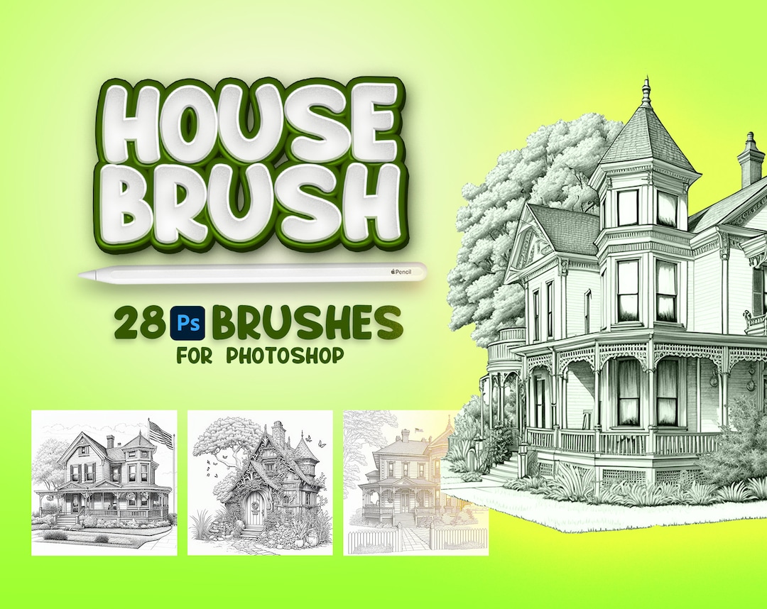 28 Houses Brushes, Fresco House Brush, Houses Stamp, Adobe