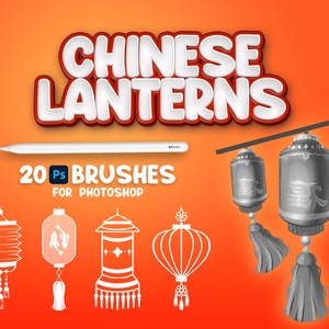 20 Photoshop Chinese Lanterns Brushes, Fresco Chandelier Brushes, Lamp Stamp, Adobe Photoshop Kerosene Lamp Brushes, Set Lantern Templates