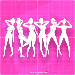 Op de afbeelding: Een set van zes witte vrouwelijke anime-personageposes in verschillende posities. De poses zijn getekend op een roze rasterachtergrond.