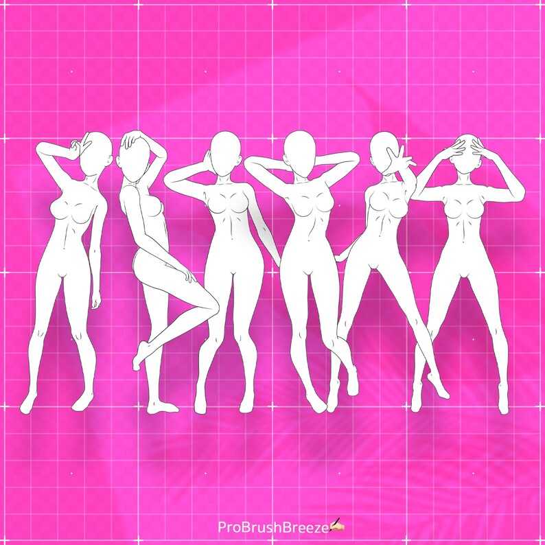 Op de afbeelding: Een set van zes witte vrouwelijke anime-personageposes in verschillende posities. De poses zijn getekend op een roze rasterachtergrond.