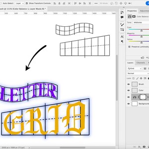 May include: A graphic design tutorial showing how to create a "LETTER GRID" text effect using a grid pattern. The text is in a bold, stylized font with a purple and blue outline. The word "LETTER" is above the word "GRID" which is in a yellow and orange color.
