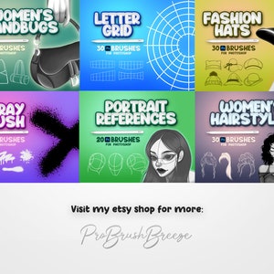 May include: A digital illustration of a set of 10 different Photoshop brush sets. The brush sets include women's handbags, a letter grid, fashion hats, a spray brush, portrait references, and women's hairstyles. The text "Visit my etsy shop for more: ProBrushBreeze" is at the bottom of the image.