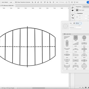 May include: A black and white line drawing of an oval shape with vertical lines inside. The oval is divided in half by a dashed line. The image is from a graphic design program.