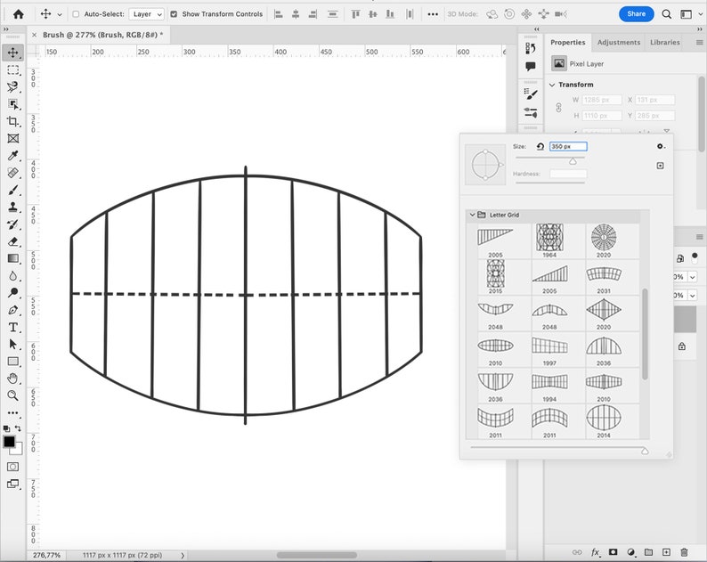 May include: A black and white line drawing of an oval shape with vertical lines inside. The oval is divided in half by a dashed line. The image is from a graphic design program.