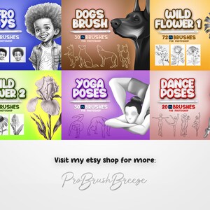 Pode incluir: Uma colagem de arte digital que mostra v&aacute;rios conjuntos de pinc&eacute;is para Adobe Photoshop. Os conjuntos incluem Afro Boys, Dogs, Wild Flower 1, Wild Flower 2, Yoga Poses e Dance Poses. Cada conjunto apresenta uma ilustra&ccedil;&atilde;o em preto e branco e o n&uacute;mero de pinc&eacute;is inclu&iacute;dos.