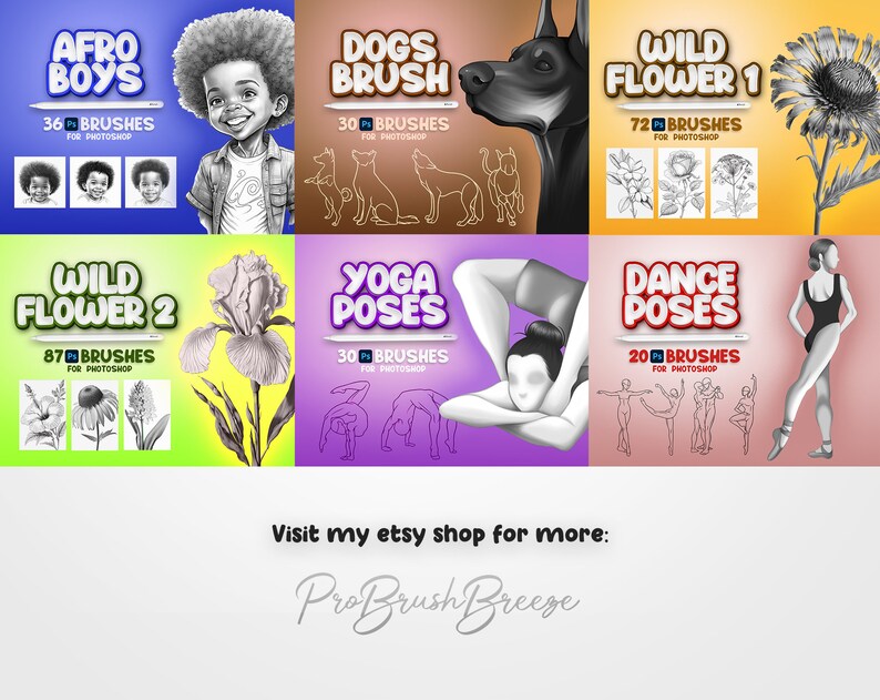 Pode incluir: Uma colagem de arte digital que mostra v&aacute;rios conjuntos de pinc&eacute;is para Adobe Photoshop. Os conjuntos incluem Afro Boys, Dogs, Wild Flower 1, Wild Flower 2, Yoga Poses e Dance Poses. Cada conjunto apresenta uma ilustra&ccedil;&atilde;o em preto e branco e o n&uacute;mero de pinc&eacute;is inclu&iacute;dos.
