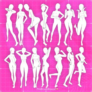 Op de afbeelding: Een set van 12 witte lijntekeningen van vrouwelijke figuren in verschillende poses op een roze rasterachtergrond. De figuren zijn allemaal in verschillende poses, sommige staan, sommige zitten en sommige zijn in de lucht. De figuren zijn allemaal naar voren gericht en hun gezichten zijn leeg.