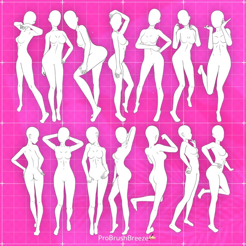 Op de afbeelding: Een set van 12 witte lijntekeningen van vrouwelijke figuren in verschillende poses op een roze rasterachtergrond. De figuren zijn allemaal in verschillende poses, sommige staan, sommige zitten en sommige zijn in de lucht. De figuren zijn allemaal naar voren gericht en hun gezichten zijn leeg.