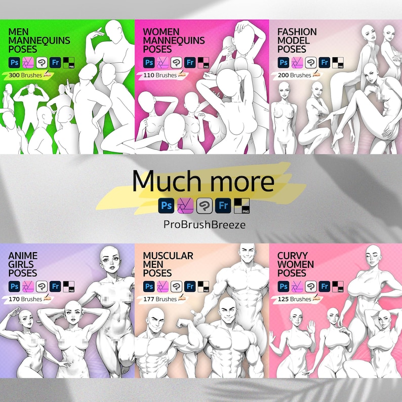 Op de afbeelding: Een verzameling digitale kunstpenselen voor het tekenen van verschillende poses van mensen. De penselen zijn georganiseerd in categorie&euml;n zoals mannen, vrouwen, anime-meisjes, gespierde mannen en rondborstige vrouwen. Elke categorie heeft een ander aantal penselen, vari&euml;rend van 110 tot 300. De penselen zijn ontworpen voor gebruik in Photoshop, Procreate en Clip Studio Paint.