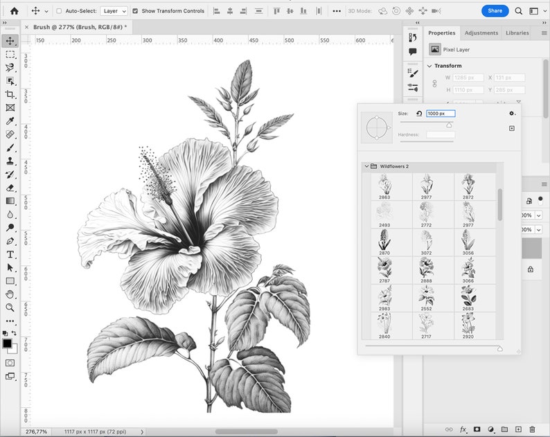 Pode incluir: Uma ilustra&ccedil;&atilde;o em preto e branco de uma flor de hibisco com folhas. A imagem est&aacute; em um estilo de arte digital e &eacute; perfeita para usar em uma variedade de projetos criativos.