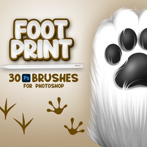 Può includere: Un set di 30 pennelli Photoshop per creare impronte di animali realistiche. L'immagine mostra un'impronta di zampa marrone su uno sfondo bianco con il testo "FOOT PRINT 30 Ps BRUSHES FOR PHOTOSHOP".