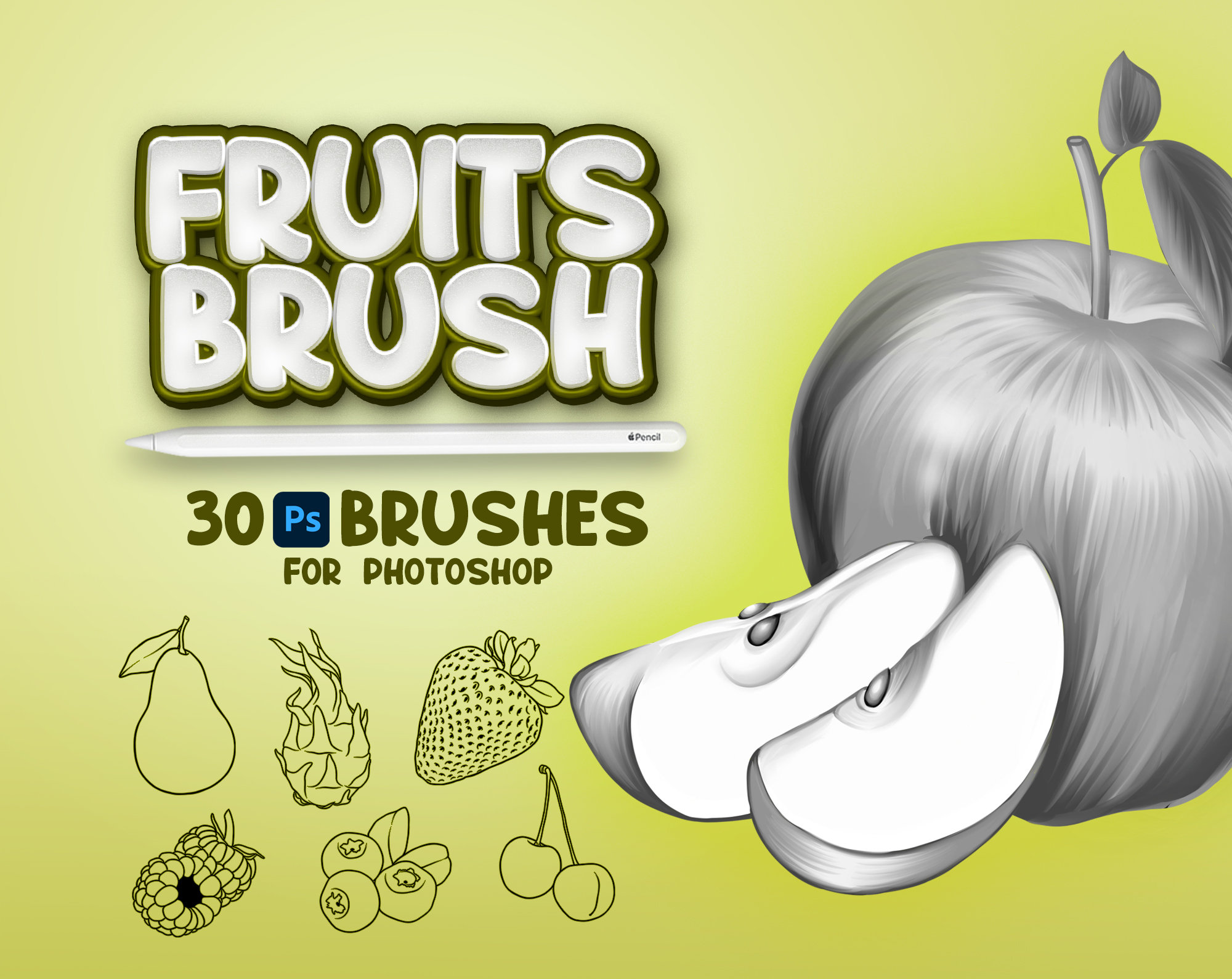 30 Fruits Brushes, Adobe Fresco Apples Brushes, Fruits Stamp