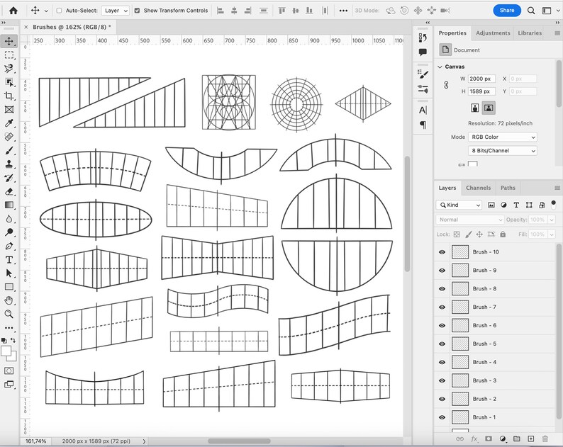May include: A digital illustration of 10 different brush strokes, each with a unique pattern and shape. The brush strokes are black and white and are arranged in a grid pattern. The image is a digital illustration of brush strokes.