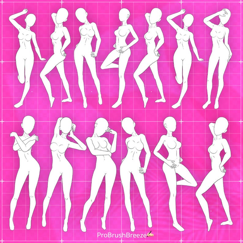 Op de afbeelding: Een set van 12 witte vrouwelijke figuur contouren in verschillende poses, op een roze raster achtergrond. De contouren zijn eenvoudig en kunnen worden gebruikt voor het oefenen van tekenen of als basis voor het maken van personages.