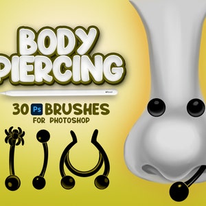 May include: A set of 30 Photoshop brushes for creating body piercing designs. The brushes feature various styles of piercings, including a spider, a hoop, and a barbell. The text "BODY PIERCING 30 Ps BRUSHES FOR PHOTOSHOP" is displayed on a yellow background.
