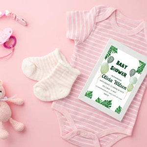 Personalisierte Ballon-Babyparty-Einladung mit Grün, in Canva bearbeiten, geschlechtsneutrale bearbeitbare Babypartyeinladung, Babyparty-Vorlagen