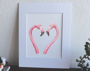 Pájaro flamenco en forma de corazón - Impresión en acuarela de 8" x 10"