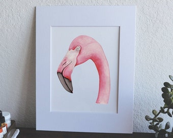 Retrato de flamenco, pájaro - Impresión en acuarela de 8" x 10"