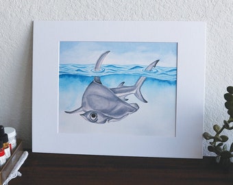 Gran tiburón martillo - Impresión en acuarela de 20 x 25 cm