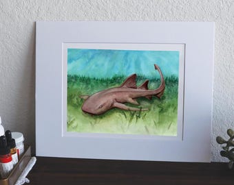 Tiburón nodriza en las praderas marinas - Impresión en acuarela de 20 x 25 cm