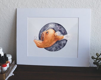 Pez rape de aguas profundas - Impresión en acuarela de 5" x 7"