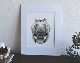 Manatee with Holly Crown - 5" x 7" Christmas / Holiday Watercolor Print