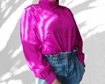 Vintage 80s pink button-up blouse Size 48 fits like XXL see measurements