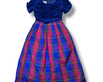 Vintage 80s princess ball gown blue velvet bodice and tartan silk skirt Size 14 / retro fairytale maxi dress bow detail