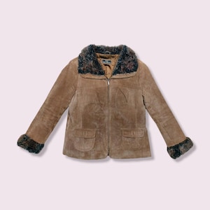 Vintage bruin leren jack met manchetten en kraag van imitatiebont, maat 16 k